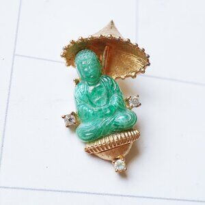 Vintage Jade Peking Glass Buddha Brooch - Unsigned JOMAZ